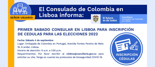 El Consulado de Colombia en Lisboa realizará Sábado Consular de inscripción de cédulas para las elecciones 2022, el 4 de septiembre de 2021